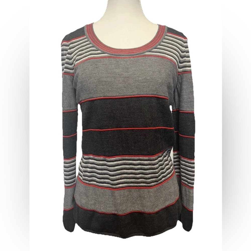 St. John Knit Grays Red Ivory Striped Sweater Sz S Wool Cashmere Black Label